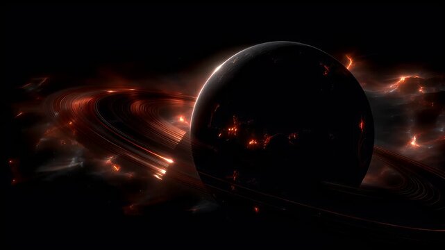 Space universe exploration, fantasy, mysterious. A vivid digital artwork depicts a celestial scene. A large, dark, spherical object, likely a planet or celestial body, is the main subject.