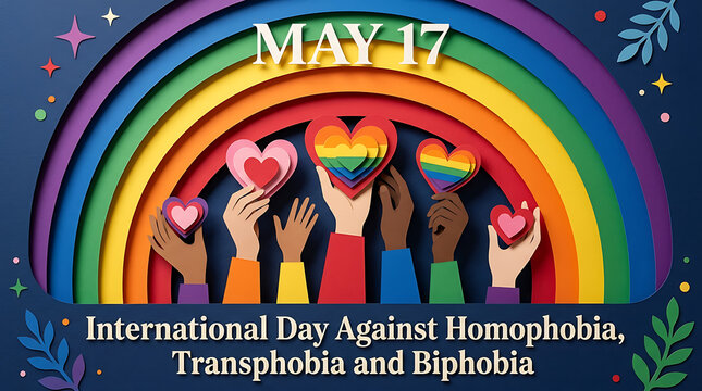 Diverse hands holding rainbow hearts under arch for international