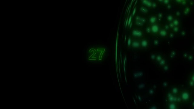 Number sixteen animation with green neon. Number sixteen digital numeral display. Number sixteen glowing graphic on black background.