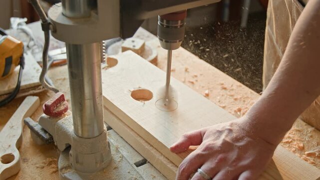 Close-up view of anonymous craftsman drilling hole in plank with press machine during workday in carpentry workshop