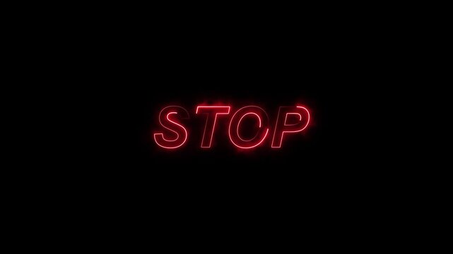 Stop text animation with red neon glow. Stop digital warning word display. Stop glowing text graphic on black background.