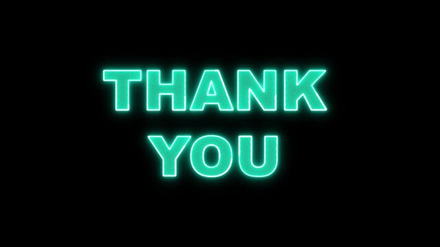 Thank you text animation with cyan neon. Thank you digital gratitude word. Thank you glowing text graphic on black background.