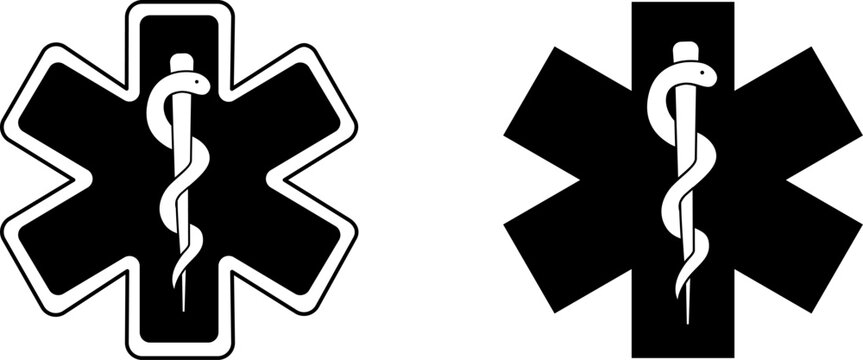 Black star of life medical emergency symbol, minimalist healthcare icon for professional clinic design, versatile paramedic and first aid rescue service graphic