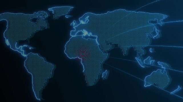 Global map animation with red target indicator. World map with blue digital data streams. Global map technology interface tracking concept.