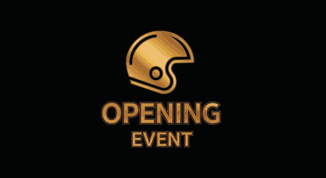 Golden Helmet Emblem Announcing an Opening Event Against a Black Background