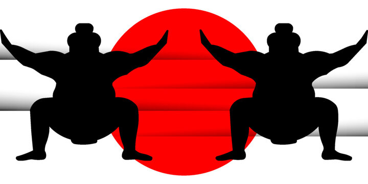 Silhouette of wrestler sumo against the background of the Japanese flag