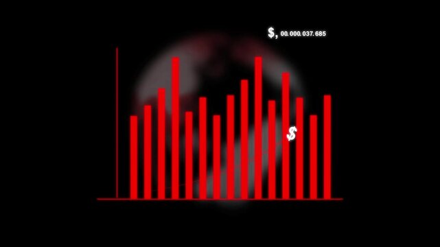 Bar graph animation with red financial data. Bar graph with dollar sign and spotlight. Bar graph business analytics data visualization.