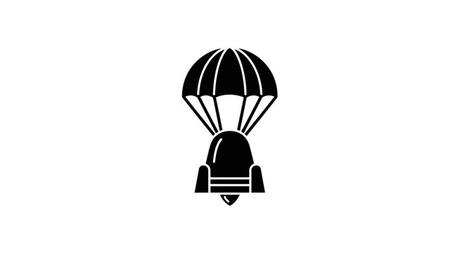 Black parachute with harness descending.