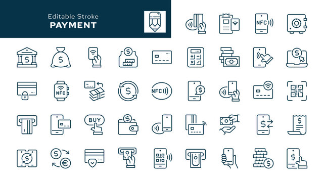 Payment. Set of outline icons. Pay, bank credit card, cash, payment method, money transfer, buy, purchase and more. Line icon in linear style. Vector collection	