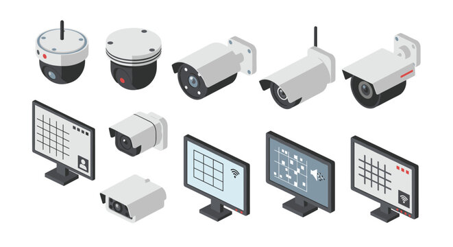 Isometric security cameras and monitor screens showing digital grid interfaces are arranged on a white background in a bright studio-lit workspace.