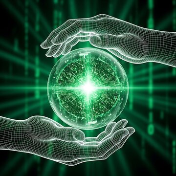 Digital globe protection hands holding a glowing network sphere