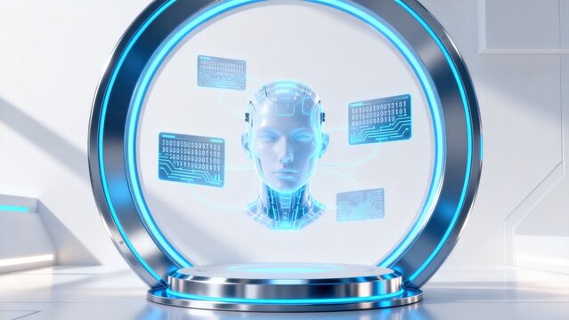 Futuristic robot head hologram display