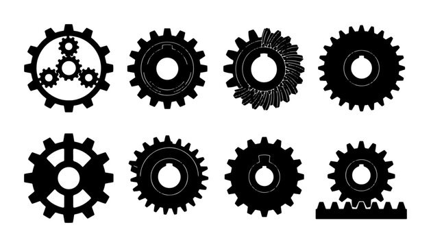 Set of 8 Black Silhouette Gears, Mechanical Components, Engineering Parts, Industrial Elements, Machine Cogs, Technical Symbols, Precision Mechanisms, Vector Icons