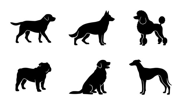 Diverse Dog Breed Silhouettes Collection, Six Canine Vector Icons, Pet Animal Graphics for Design