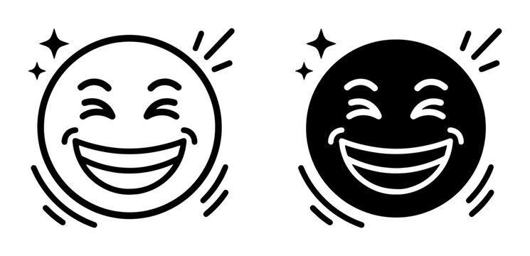 Joyful Laughing Emoji Icons, Happy Face Vector Art, Positive Emotion Symbols, Black and White Design Elements for Digital Communication