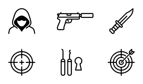Crime and Security Icons: Hooded Figure, Silenced Pistol, Knife, Target, Lock Picks, and Darts for Security, Law Enforcement, and Investigation Concepts