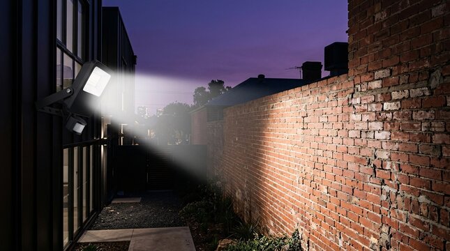 Modern sleek matte black LED motion sensor floodlight casting a brilliant white beam across a textured red brick wall during deep purple.