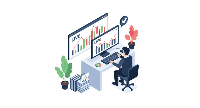 A professional sits at a clean desk using a dual monitor setup to track live financial market movements alongside a stack of document files and greenery.