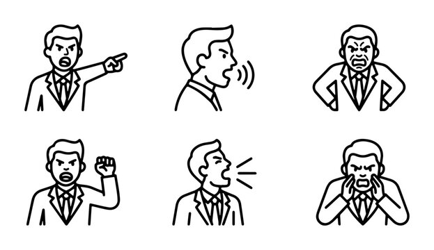 Angry Businessmen Icons, Aggressive Emotions Set, Frustrated Male Characters, Conflict and Stress Vector Graphics