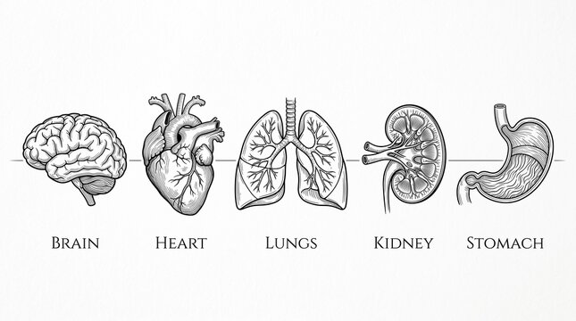 Line art anatomy illustrations: brain heart lungs kidney stomach with internal