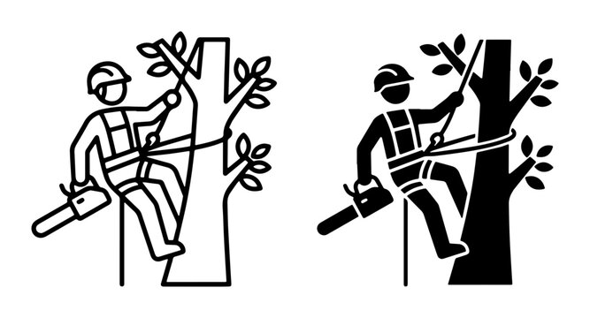 Arborist Tree Climber Icon Set, Arboriculture Professional Vector Graphics, Lumberjack Chainsaw Silhouette, Tree Care Service Symbol