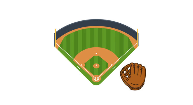 Vibrant vector illustration featuring a classic baseball field diamond and a brown leather glove, perfect for game-day themes, sports events, and competitive play graphics