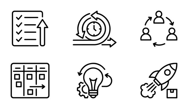 Agile methodology icons, Scrum board, task management, and innovation symbols, vector set for project planning and business workflow