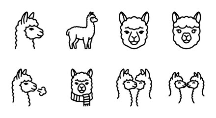 Cute Alpaca Icons Set, Vector Line Art Llama Graphics, Adorable South American Camelid Illustrations for Animal Lovers and Farm Themes © Nabila