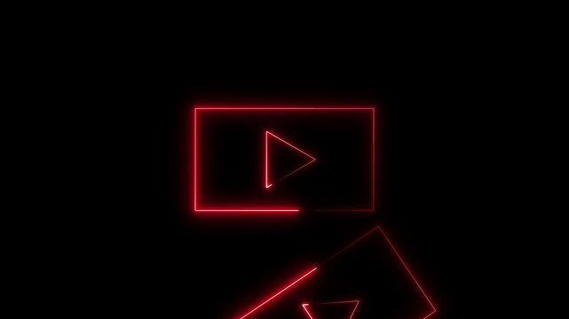 Play button animation with red neon glow. Play button digital video symbol. Play button media technology graphic on black background.