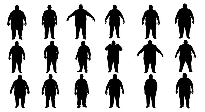 People silhouettes set with various body shapes and sizes featuring diverse, human figures, black with outline and weight elements for obesity, thin