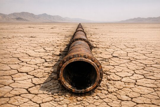 A pipe laid out in the middle of a vast desert landscape