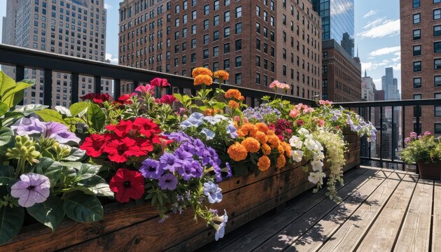 Colorful flowers on a city balcony with skyscrapers