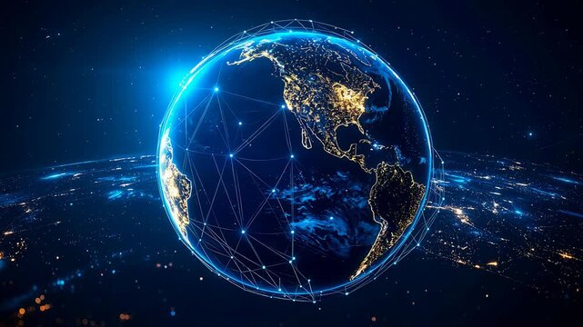 Illuminated earth globe with digital connections representing global communication network and data technology concept