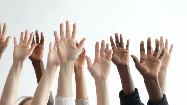 Group of diverse hands raised together representing unity teamwork and collaboration in bright minimal background