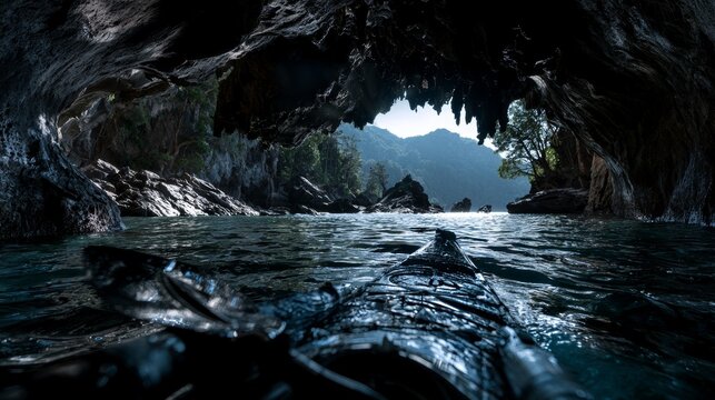 Kayaking Through Mysterious Cave Water Entrance at Sunrise