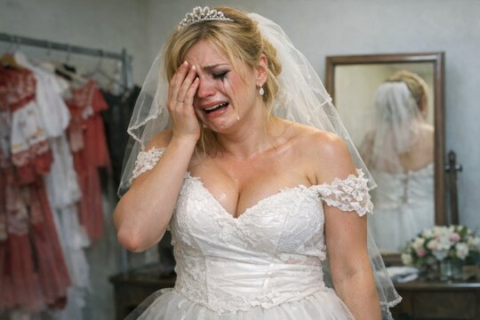 A woman in a wedding dress is crying, possibly after a breakup or due to emotional distress