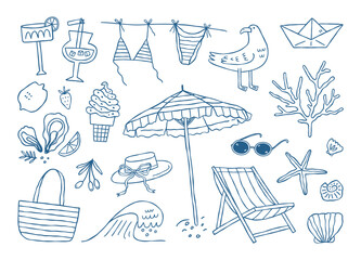 Fototapeta premium Coastal summer illustration set. 