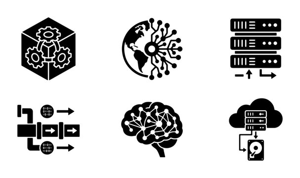 Technology Icons Set: AI Brain, Data Server, Network Cloud, Global Circuitry, Processing Unit, Data Flow Pipeline. Modern Vector Graphics for Digital Concepts.
