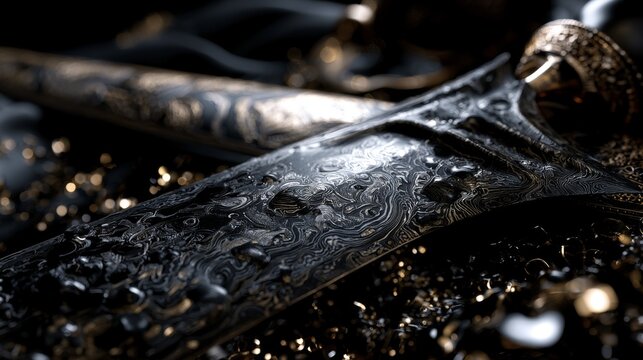 Dark Fantasy Swords and Weapons on Glittery Black Background