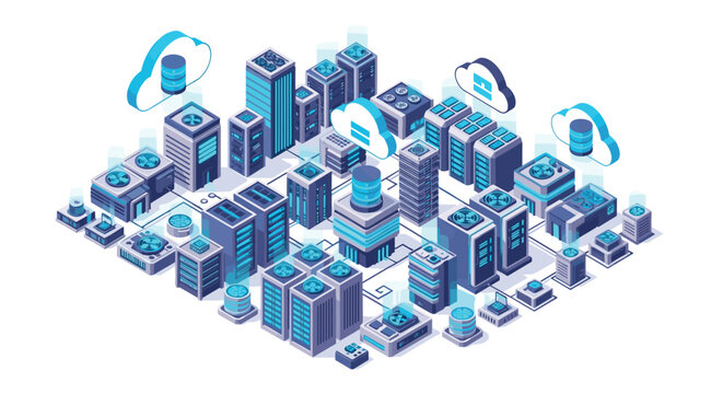 An expansive cloud computing infrastructure layout featuring multiple server towers with glowing light pillars and floating cloud symbols on a clean white background.