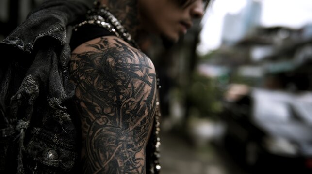 Edgy Tattooed Arm Portrait Against Urban Backdrop Style | Body Art Concept