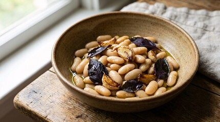 Obraz premium Rustic ceramic bowl holding creamy cannellini beans, vibrant purple basil, and golden roasted garlic in olive oil under soft window light.