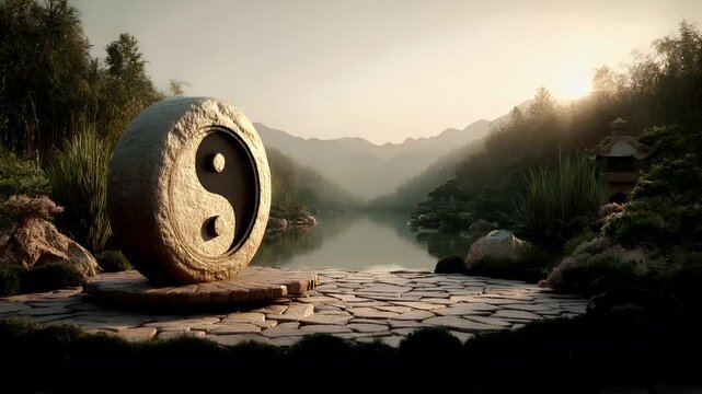 Yin Yang, Chinese philosophy, harmony, balance, Taoism. A serene landscape photograph depicts a tranquil pond surrounded by lush greenery and mountains. A large.