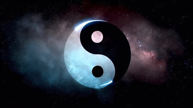 Yin Yang, Chinese philosophy, harmony, balance, Taoism. A digital artwork depicts a cosmic scene featuring a yinyang symbol. The symbol is a combination of black and white.
