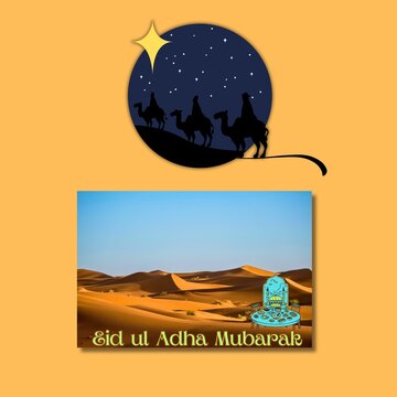 vector illustration of an eid ul adha e-card showing a desert, dining table , people , camels caravan and eid greeting.