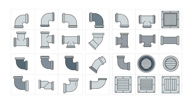 A technical collection of twenty-four grey vector icons displays various plumbing pipe fittings, elbows, connectors, and ventilation grilles arranged in a grid pattern.
