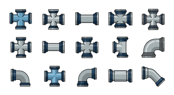 A collection of various industrial steel pipe fittings including crosses and elbows arranged in a uniform grid pattern against a minimalist plain white background.