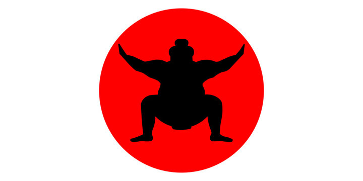 Silhouette of wrestler sumo against the background of the Japanese flag