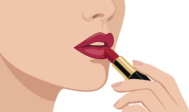 Close up flat vector illustration of a woman applying dark red lipstick to her lips for beauty cosmetics makeup tutorial and fashion advertising design.