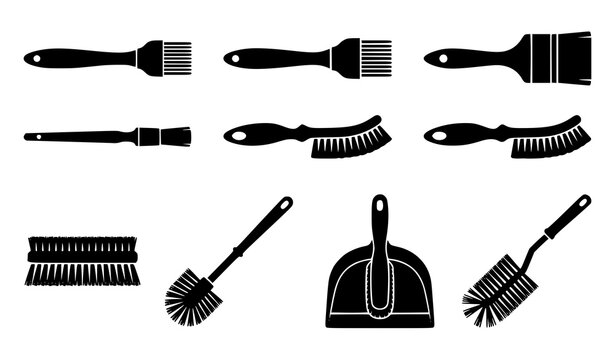 Black basting and cleaning brush silhouette set of six vector icons isolated on white background